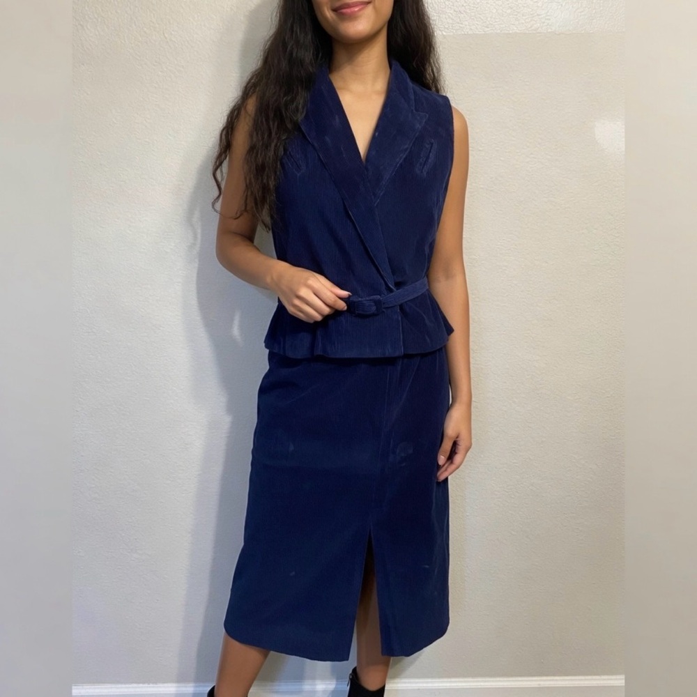 Vintage corduroy 3 piece set Navy Blue Women's vest and skirt with belt